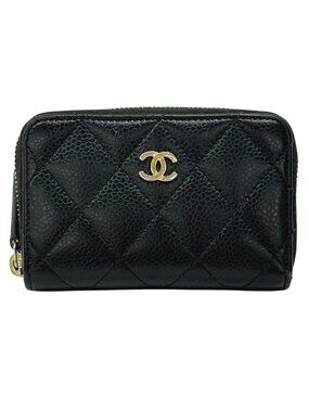 Chanel Wallet Quilted Coin Case Soft Caviar Leather Black Gold Zip Around Small